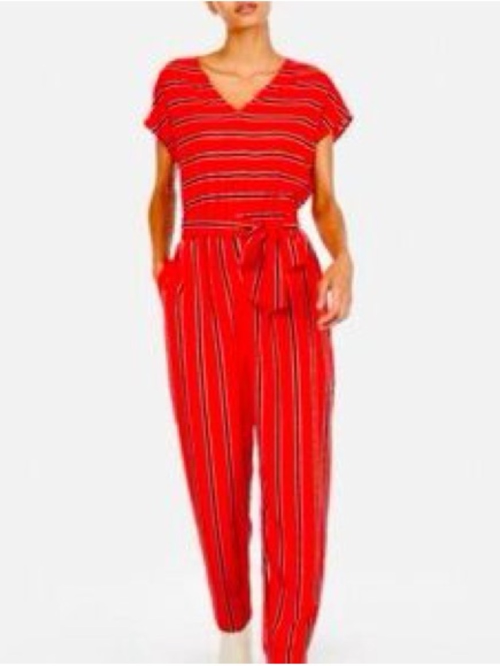 NWT Express Red Belted Striped Short Sleeve V-neck Casual Jumpsuit Size XL